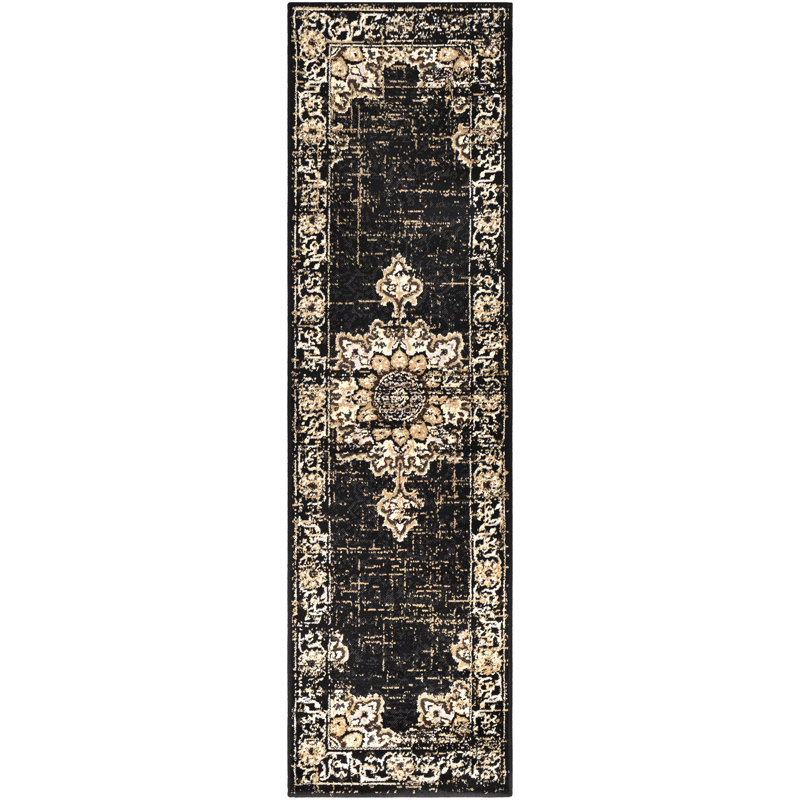 Ramsay Machine Woven Oriental Black/Sage Area Rug, Runner 2'2" x 7'6"