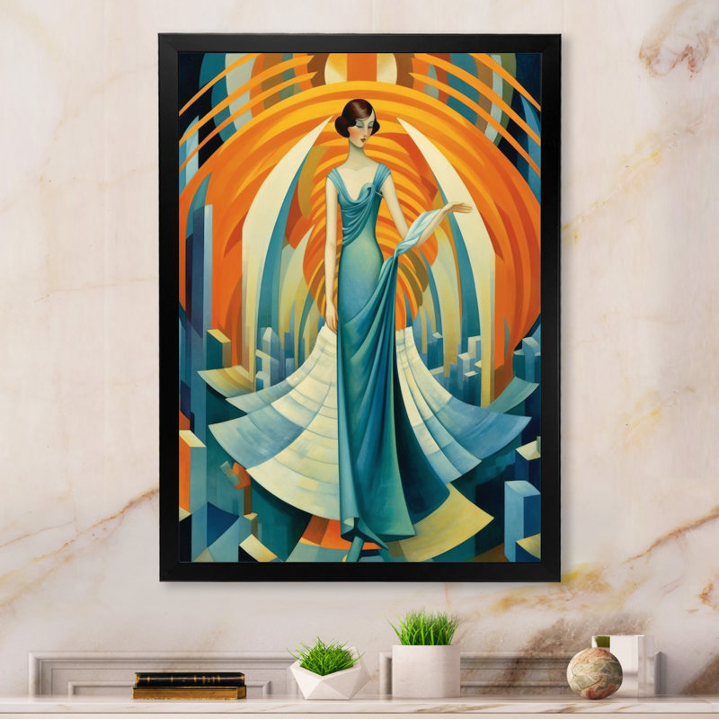 Art Deco Cosmopolitan Gracieuse danseuse en bleu - mode femme, reproduction sur toile encadrée, Cadre simple noir