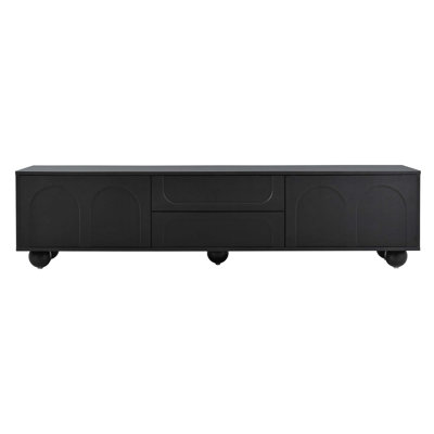 Meuble télé de style crème avec portes arquées et 2 tiroirs pour téléviseurs de 75 po ou moins, console multimédia minimaliste avec dispositif de rebond, centre de divertissement avec 5 pieds ronds en fer