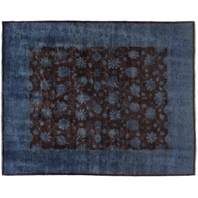 Tapis unique en laine / soie noué à la main 8 pi x 10 pi bleu / brun