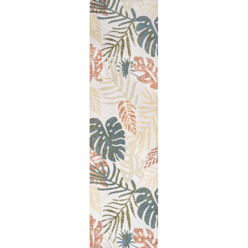 Etolin Tropical Leaf High-Low Light Gray/Navy Indoor/Outdoor Rug, Runner 2'3" x 8', Light Gray/Navy