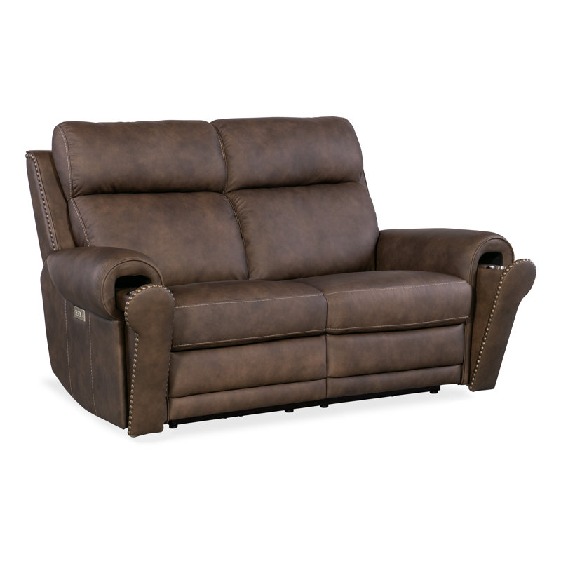 Kalahari Camel Leather Reclining Loveseat with Rolled Arms and Nailhead Trim