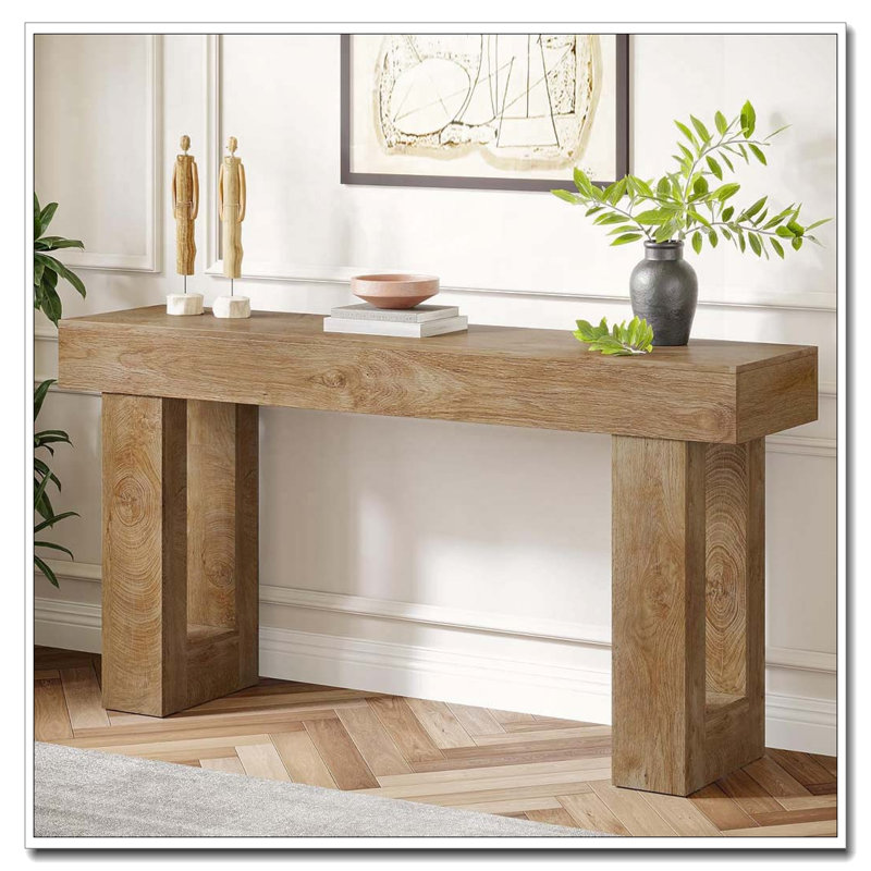 Farmhouse Extra-Long Narrow Console Table for Entryway Living Room, Natural Wood