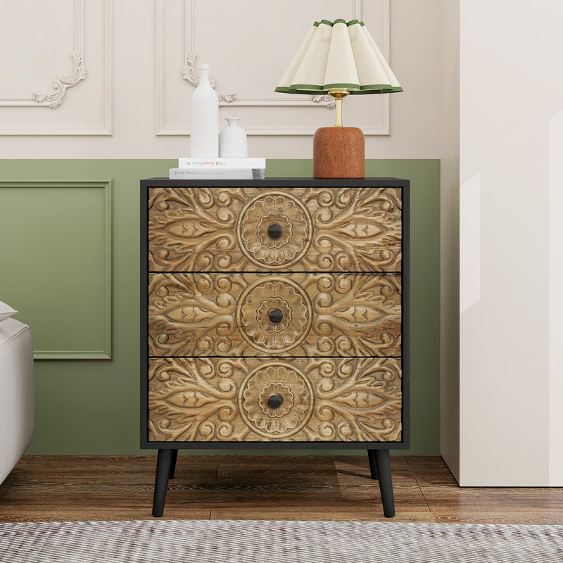 3-Drawer Solid Wood Cabinet With Hand-Carved Details And L-Shaped Anti-Tipping Device, Perfect For Bedrooms, Living Rooms, And Studies