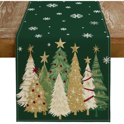 Chemin de table de Noël 13 x 90 pouces, arbres de Noël, flocons de neige, décoration de table de ferme décorative pour la salle à manger de cuisine, dîner intérieur extérieur (vert)