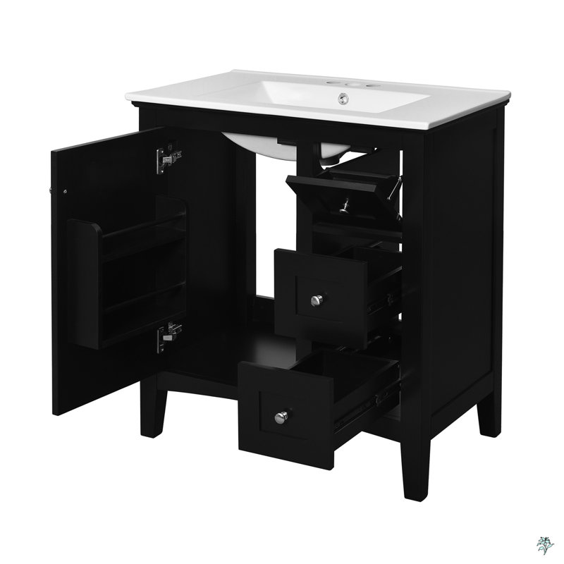 Meuble-lavabo de salle de bain 30 po avec lavabo en céramique, 3 tiroirs, armoire de rangement moderne en bois massif