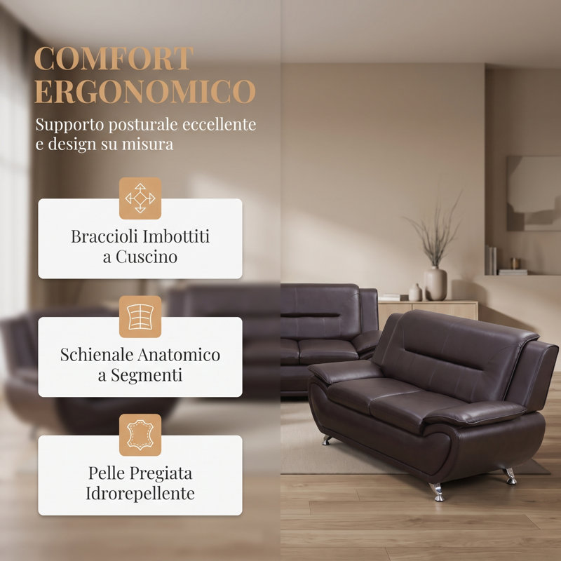 Ensemble de canapé moderne en similicuir brun foncé 3 pièces, mousse à mémoire de forme haute densité à structure en bois massif, ensemble de canapé contemporain avec causeuse et fauteuil pour la réception de salon