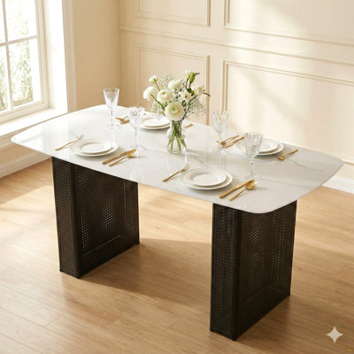 Modern Rectangular Tempered Glass Dining Table, Marble-Patterned Design with Black Dual-Pedestal Metal Base, Ideal for Dining Room & Home Office