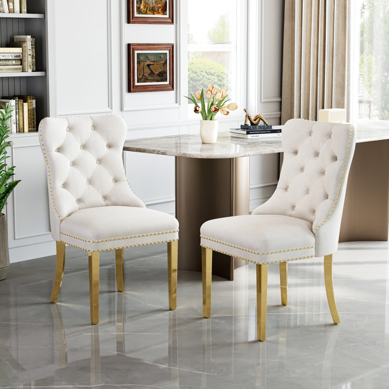 Chaise rembourrée à oreilles Pamela, Doré, Blanc