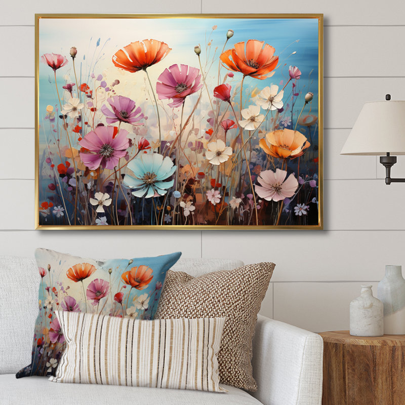Symphonie florale sauvage, pointillisme, H 34 po x l 44 po x P 1,5 po, Cadre flottant doré