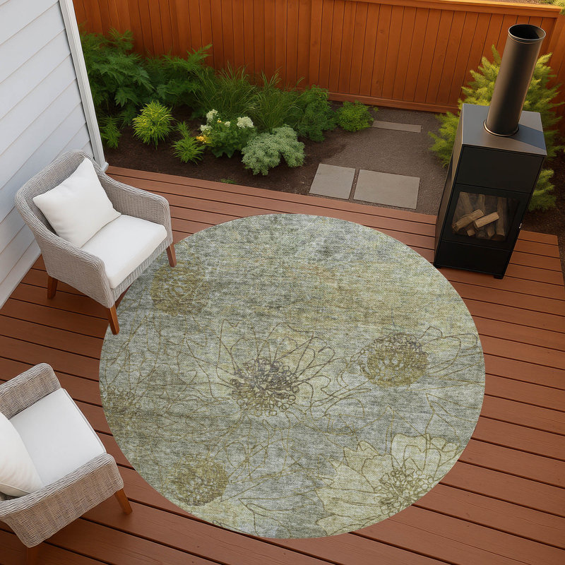 Machine Washable Indoor/Outdoor Leavittsburg ACN2235 Floral Rug, Round 8'