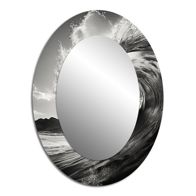 Black And White Wave Photo I - Beach Decorative Wall Mirror, Gray Mirror, Printed Metal Art