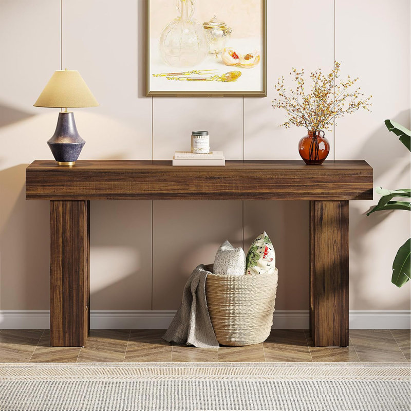 Console de style campagnard de 63 po de long, canapé rectangulaire brun rustique derrière le canapé, table de couloir d'entrée en grain de bois massif pour le salon, la salle à manger