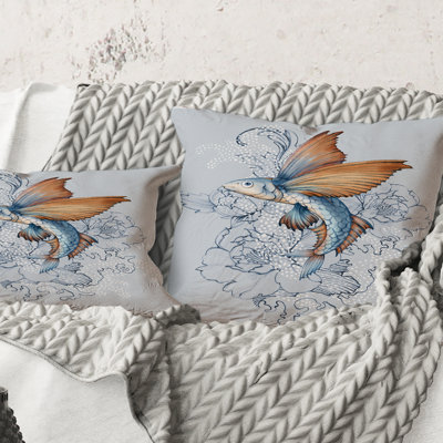 Carré, poisson volant sur pivoines - Coussin décoratif à imprimé traditionnel