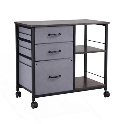 Mobile Metal File Cabinet With 3 Fabric Drawers And 2 Open Shelves