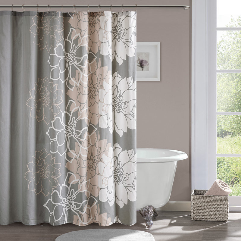 Lola 100% Cotton Floral Printed Single Shower Curtain, 72" x 72", Gray/Peach