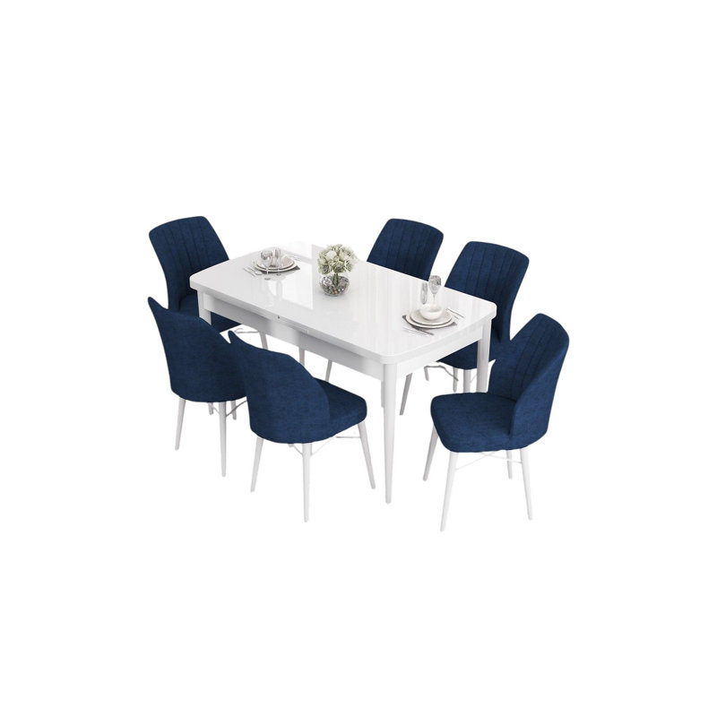 Ensemble de table et chaises de salle à manger extensible Modern (7 pièces), blanc et bleu marine | 100% panneau de fibres à densité moyenne avec pieds en bois, table: 51,9 x 30,7 x 31,0 pouces (ouvert: 66,9 po) | 6 chaises avec tissu Jerry, siège en mousse confortable, parfait pour les réunions de famille
