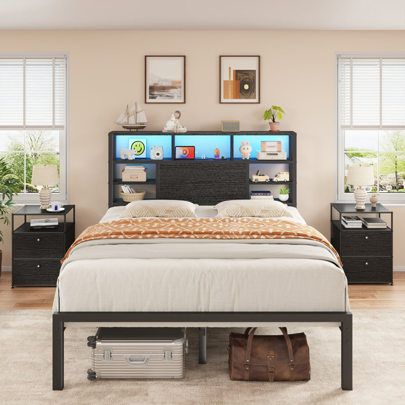 Bed with Storage Headboard, RGB LED Lights & USB Charging - Multi-Tier Shelves, Full/Queen/King, black, F