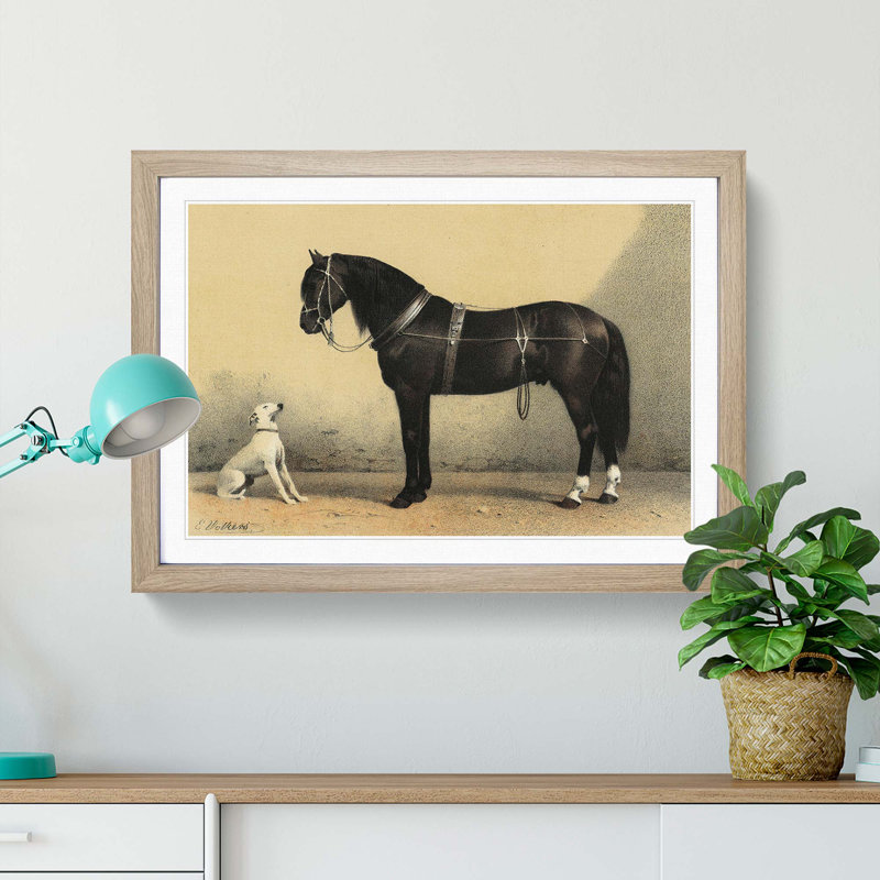 Horse and Hound by Emil Volkers - Framed Print, 27cm H x 36cm W x 2cm D, Oak Framed