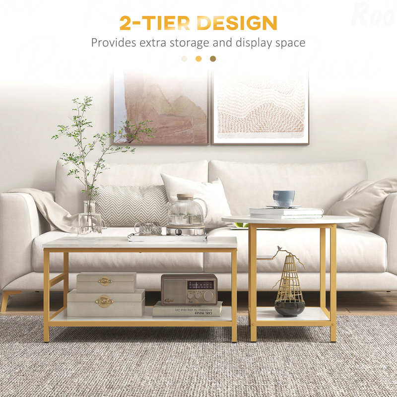 Avec table basse avec rangement, ensemble de 2 tables basses rectangulaires et rondes à 2 niveaux pour le salon avec tablettes de rangement, plateau en faux marbre et table d'appoint avec cadre en acier blanc
