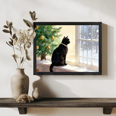 Black Framed Vintage Christmas Guardian, Christmas Cat Wall Art Retro Style Framed Prints