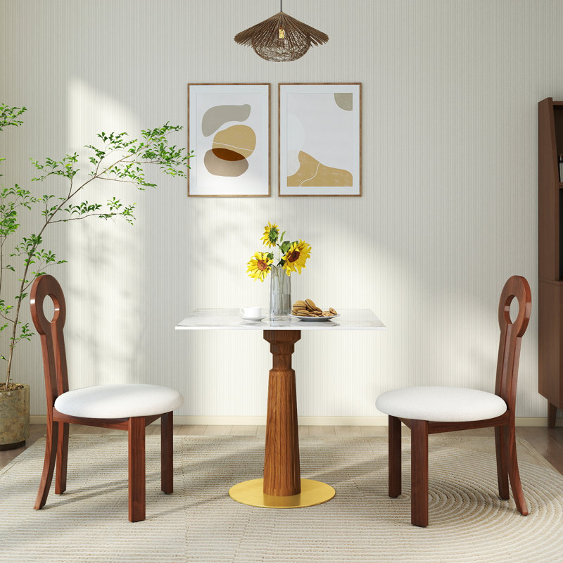 Table de salle à manger moderne carrée, table en pierre frittée de 33,5 po avec pieds et base en bois, table de cuisine pour 2 personnes pour petit espace, capacité de poids de 150 lb