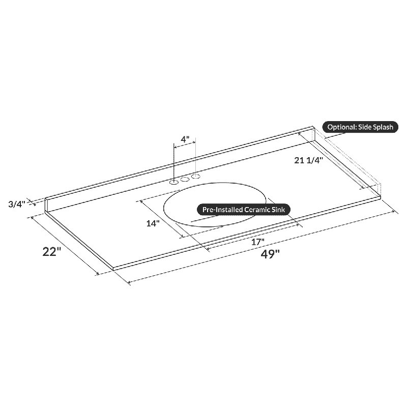 Dessus de salle de bain simple 49 po meuble-lavabo Cara White, 4" Centres