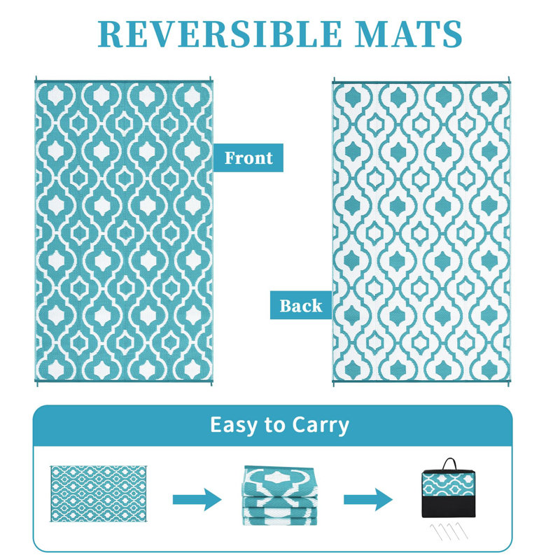 Waterproof Reversible Outdoor Rug – Lightweight & Portable Plastic Straw Mat for Patio, Camping, RV, Balcony, Deck, Beach, Backyard – Light Blue/White, 8x10ft (244x305cm)