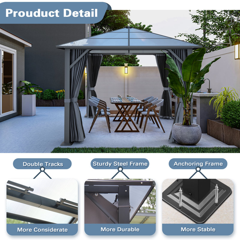 10' x 12' Gray Steel Hardtop Gazebo with Curtains and Netting
