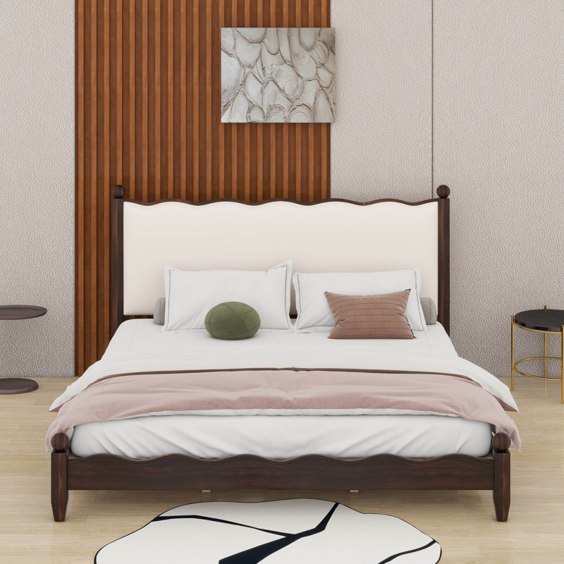 Wood Platform Bed With Upholstered Headboard, Très grand lit, Espresso/Beige