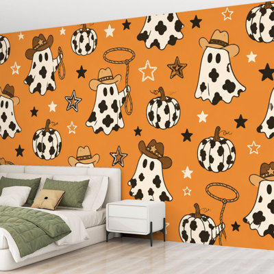 Papier peint adhésif autocollant de vache, fantômes, citrouilles, chapeaux de cowboy, papier autocollant amovible, orange, décoration murale pour salon, chambre à coucher H 69 po x l 96 po
