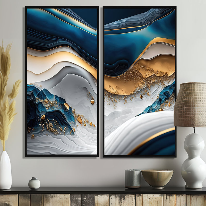 «Abstract Geode Waves Blue II», reproductions d'art sur toile bleues, 40" H x 40" W, Impression encadrée flottante, Black