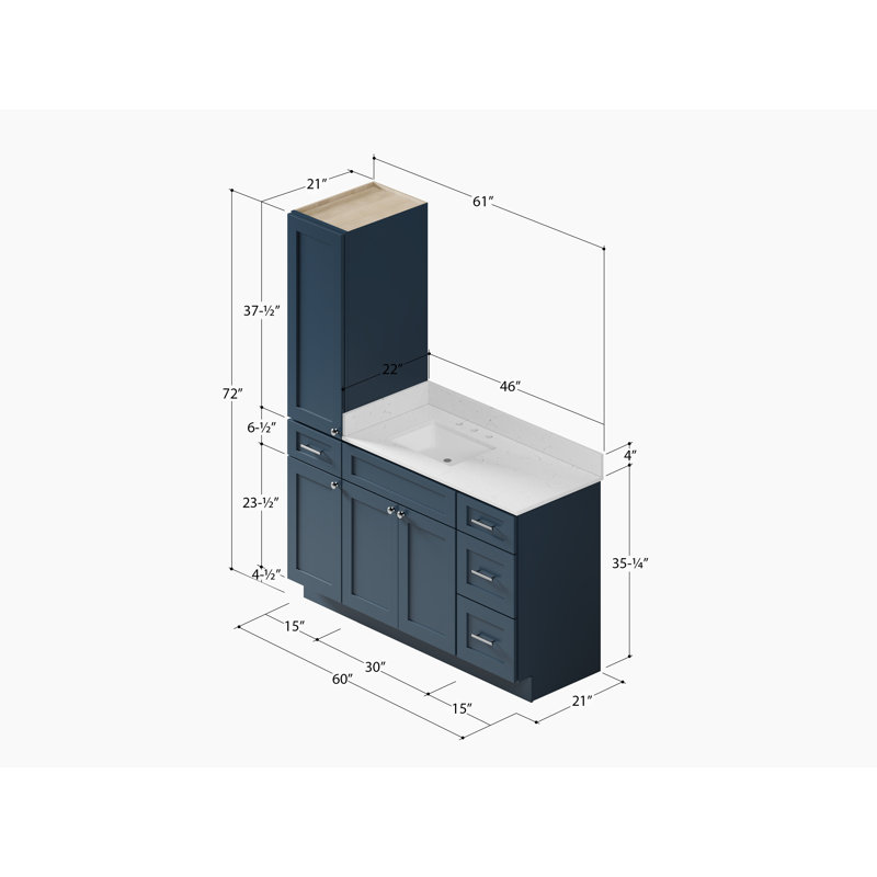 Disar 60' Single Bathroom Vanity With Left Linen Tall Cabinet Dovetail Solid Wood Drawer Carrara Quartz Top, Blue