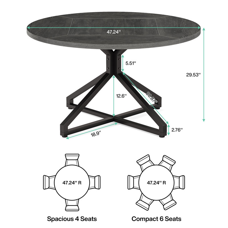 47-Inch Gray Wood Round Dining Table with Metal Pedestal Base