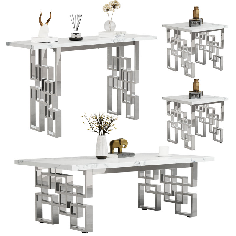 Ensemble de 4 tables basses de salon 4 pièces en faux marbre et argent