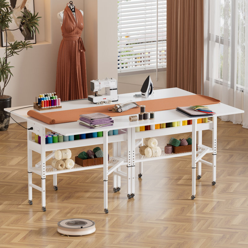 Height Adjustable Foldable Craft Table With Wheels,sewing Cutting Table With Charging Station, Mobile Folding Cutting Table For Large Fabric