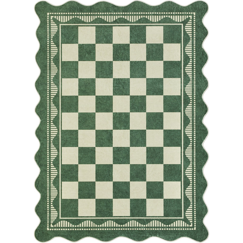Tapis de Noël à carreaux avec bordure ondulée festonnée, Green, 5*7ft