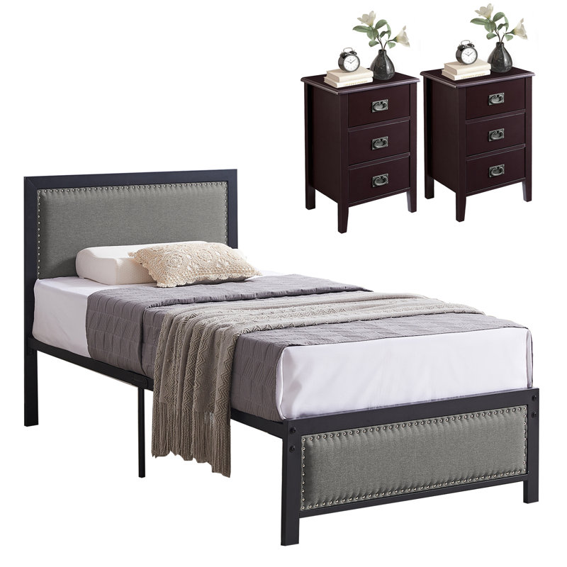 Ensemble de chambre avec lit plateforme 3 pièces, Brown, Simple