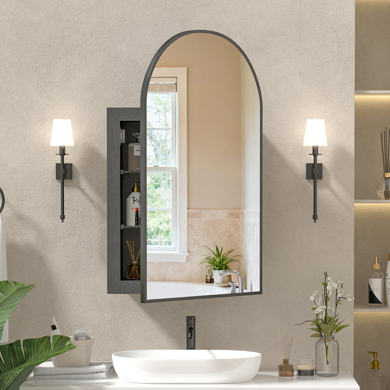 Arched Bathroom Medicine Cabinet With Mirror & Shelves,Right Open,Recessed, Matte Black, 26.8" H x 16.5" W x 4.5" D
