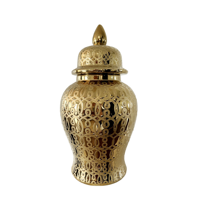 Hudson Handmade Gold Ceramic Ginger Jar with Lid – Available in 3 Sizes, Gold, 19" H x 10" W x 10" D