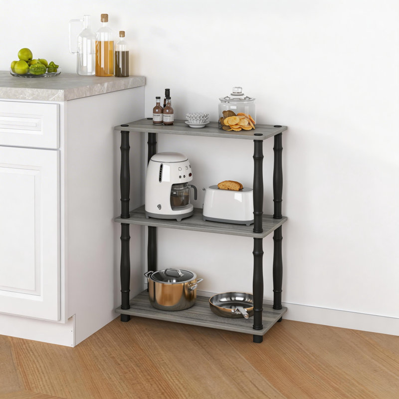 3-Tier 29.5" Corner Shelf, Open Shelves for Display and Storage, Gray/Black, (3 Shelves) 29.6"H x 23.6"W x 11.6"D