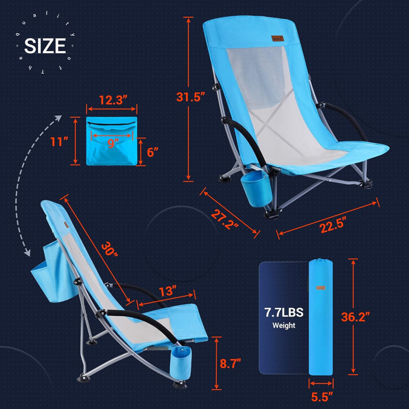 Chaise de plage à haut dossier avec glacière, porte-gobelet, sac de transport, pour l'extérieur (ensemble de 2), Bleu