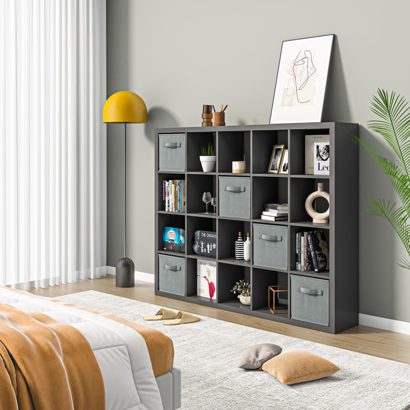Bookshelf with Storage Bins, 20-Cube Storage Organizer Wooden Bookcase Modern Open Display Shelf, Black