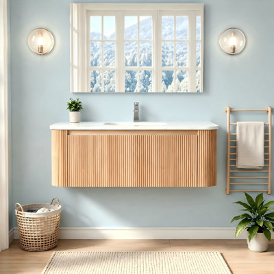 41.3" Wall Mounted Single Bathroom Vanity with Cararra Artificial Marble Countertop and Ceramic Sink, Curved Design with Stripe, Pre-Assembled