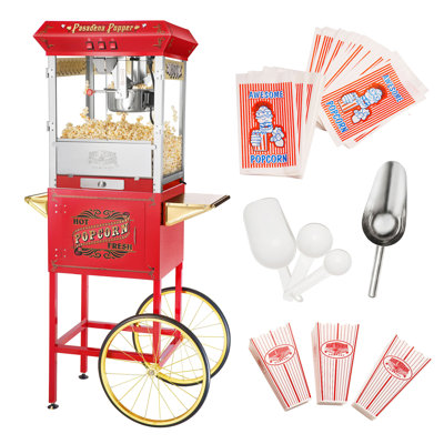 Machine à maïs soufflé Pasadena Popper avec chariot - 8 oz Popper avec bouilloire en acier inoxydable, lumière chauffante et accessoires par Great Northern Popcorn (rouge)