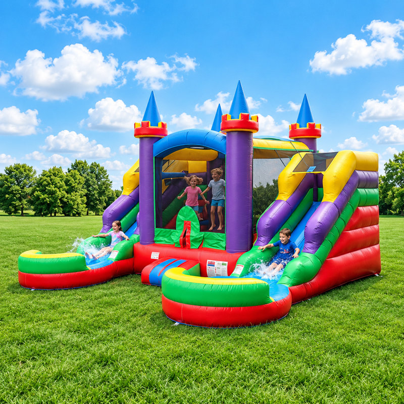 Château gonflable arc-en-ciel POP JUMP 4,9 m x 5,2 m avec glissade, pataugeoire et panier de basketball, combinaison eau/sec pour jardin avec souffleur
