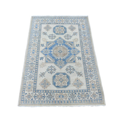 Tapis oriental blanc perle 3 pi 3 po x 4 pi 7 po au look rétro avec motif médaillon étoile, 100% laine noué à la main, teintures naturelles, tapis oriental