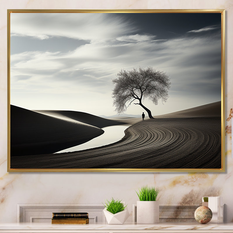 Balck et arbre de solitude blanc sur toile, H 12 po x l 20 po x P 1 po, Cadre flottant doré