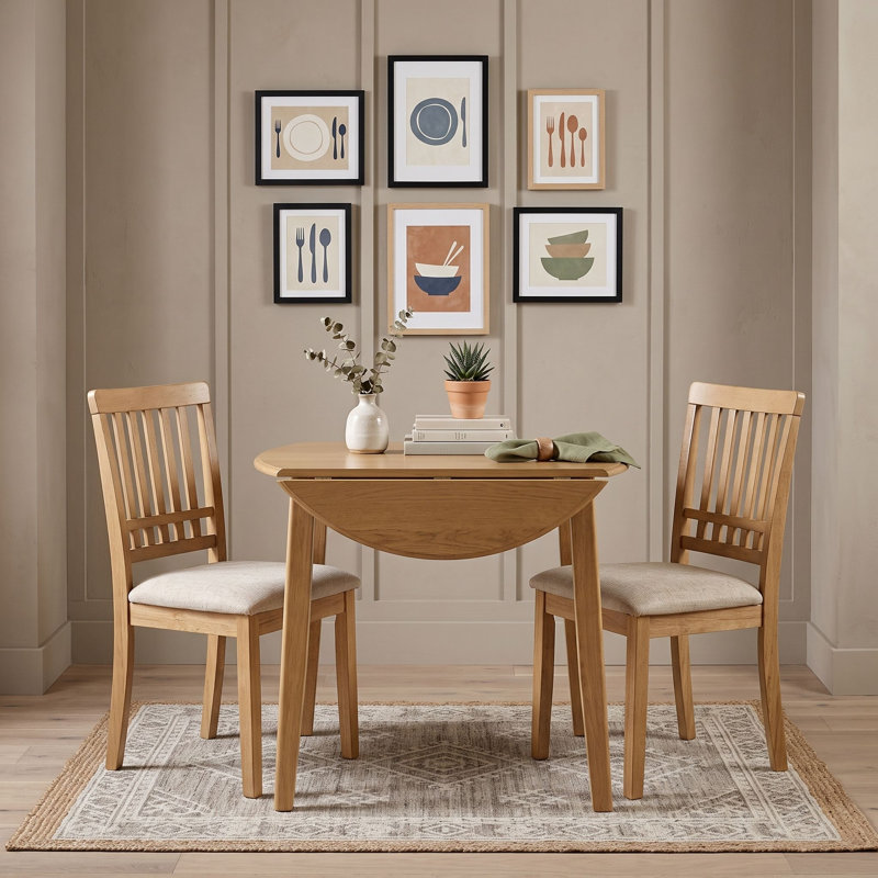 Ensemble de salle à manger rond 3 pièces en bois avec table à abattants et 2 chaises rembourrées à dossier à lattes pour petits appartements