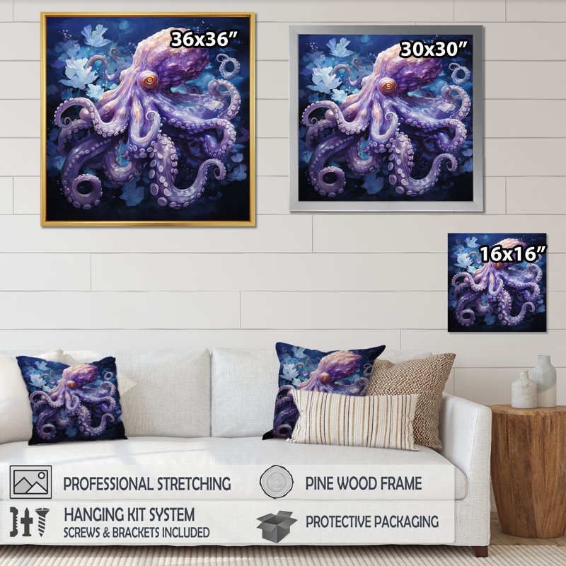 Purple Octopus Lunar Reflections II - Animals Wall Art Prints, H 24 po x l 24 po x P 1 po, Cadre simple argenté